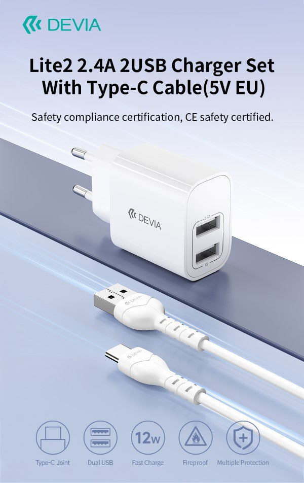 Caricabatterie 2.4A 2 USB-A 5V 12 Watt Con Cavo Tipo-C Bianco