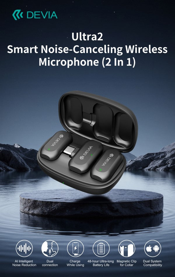Ultra2 Doppio Microfono Wireless con Riduzione Rumore AI e Clip Magnetica connessione tipo-C e Lightning