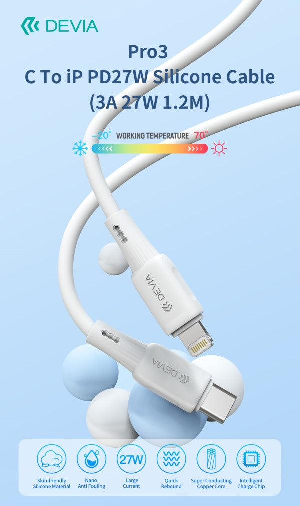 Cavo in silicone Pro3 da Tipo C a Lightning PD27W 3A 37W 1,2M Bianco