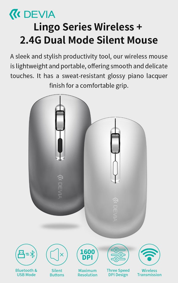 Mouse wireless con DPI regolabile 2.4G + Bluetooth Dual mode Grigio