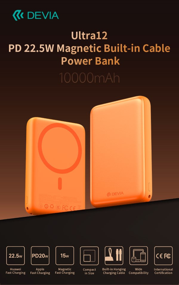 Power Bank Ultra12 10000mAh PD 22.5W Magnetico con Cavo Tipo-C Integrato Arancione