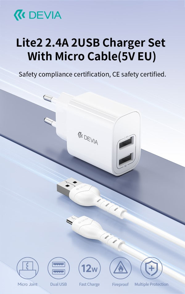 Caricabatterie 2.4A 2 USB-A 5V 12 Watt Con Cavo M-Usb Bianco