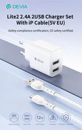 Caricabatterie 2.4A 2 USB-A 5V 12 Watt Con Cavo Lightning Bianco