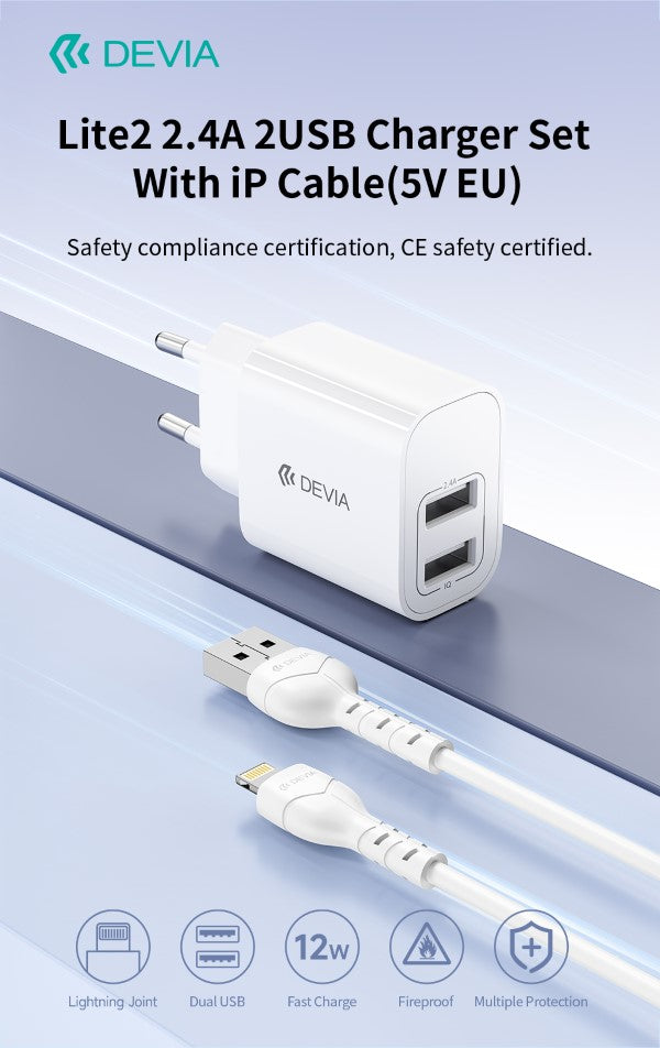 Caricabatterie 2.4A 2 USB-A 5V 12 Watt Con Cavo Lightning Bianco