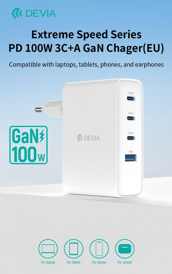 Carica batterie PD da 100 Watt GaN 3 uscite Tipo-C e una Usb A