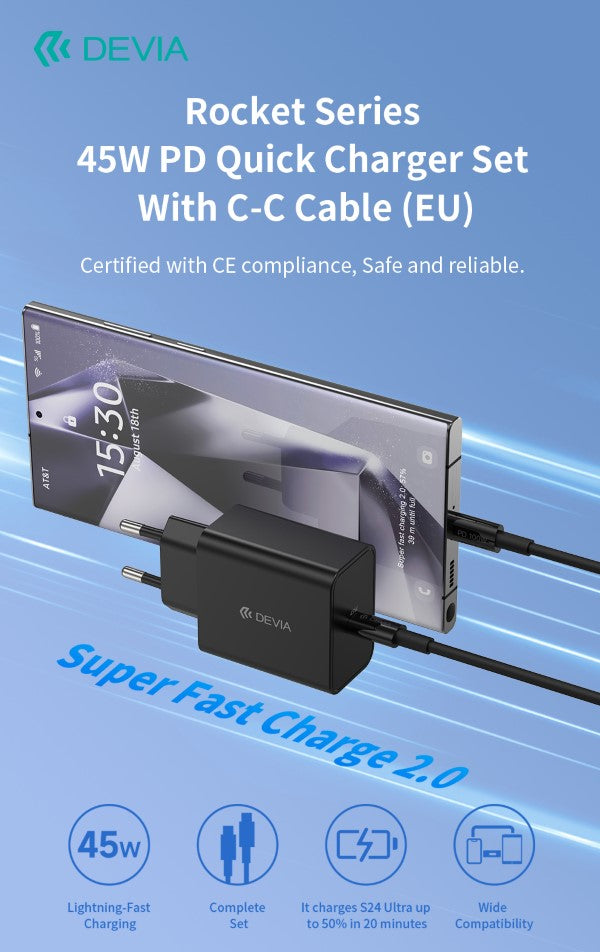 Carica Batterie PD 45 Watt con cavo da C a C per carica rapida nero