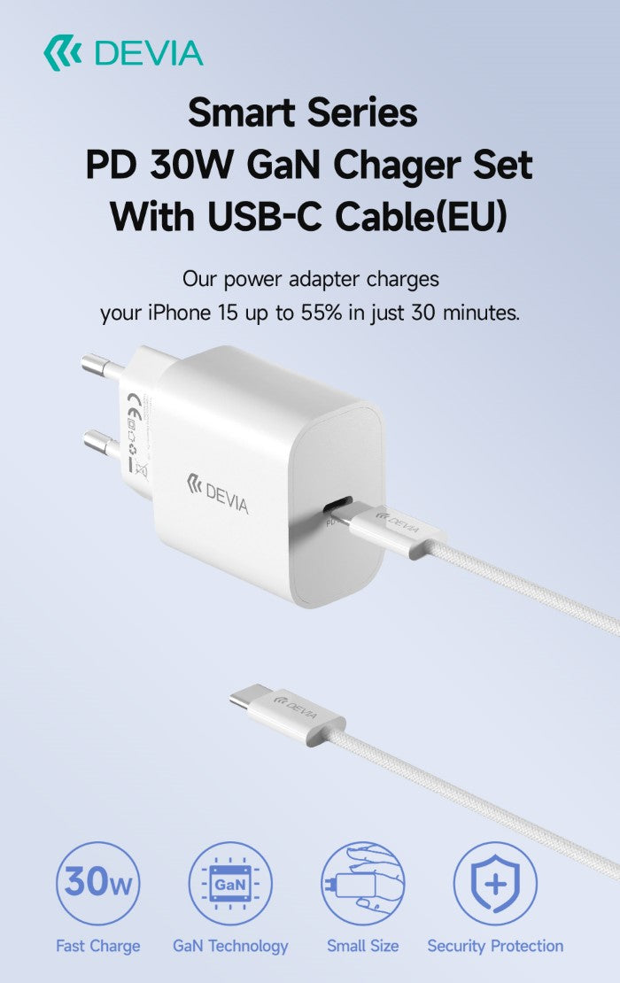 Carica Batterie Uscita con Cavo Tipo-C rapido PD 30 Watt GaN