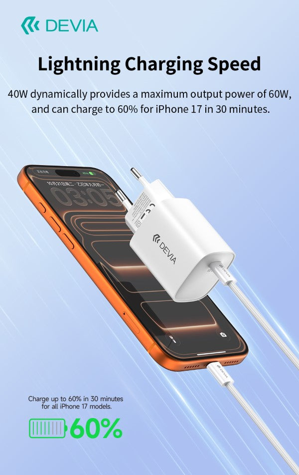 Ultra6 GaN Fast Charger PD 40W / EU 60W – Con Cavo incluso USB-C Ricarica Rapida Bianco
