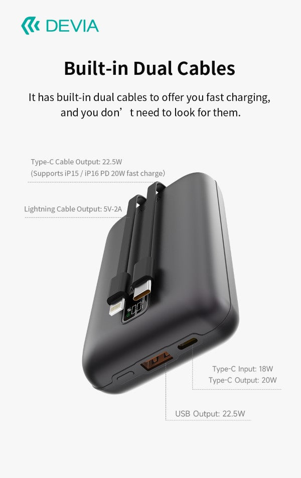 MINI Power Bank Ultra4 da 22,5 W Con 2 cavi integrati 20000 mAh Grigio
